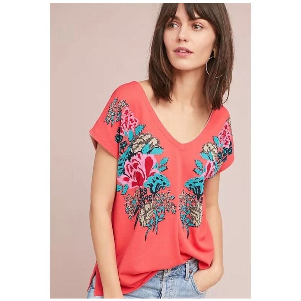 Anthropologie Aldomartins Knit Floral V-Neck Top Coral Medium